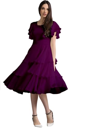 Image of Women Layered Georgette Fit & Flare Midi Dress | Round Neck Flutter Sleeve Knee Length Dress | Tiered Party Dress for Women Evening and Casual Styling