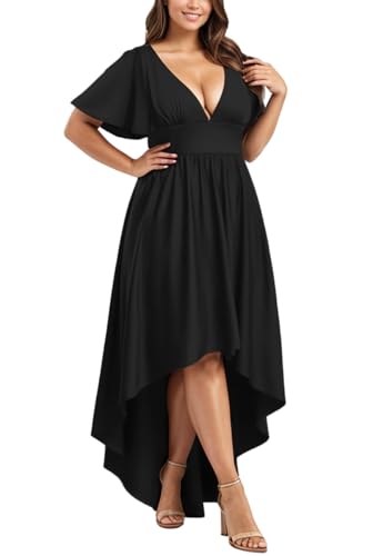 Image of Elegant Dresses Formal Evening Cocktail Long Maxi Wedding Party Dress Sexy V Neck Ruffle Sleeve Hi Low Flowy Gowns