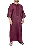 alqamees Moroccan Mens Thobe - Kaftan Embroidery Round Neck Half Sleeves Maroon Jalabiya for Men - 54 - Medium