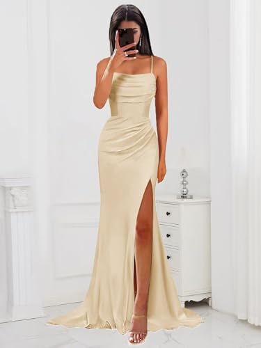 Long Satin Bridesmaid Dresses for Women Elegant Pleated Mermaid Formal Evening Gown with Slit4
