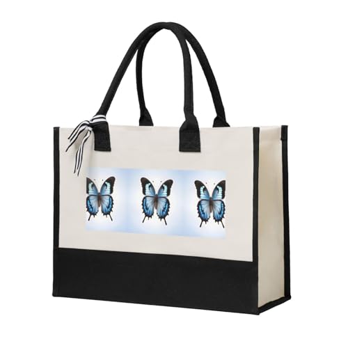Sac fourre-tout en toile imprimé papillon bleu grand format réutilisable