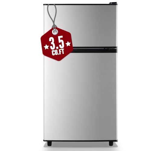 WANAI Mini Fridge with Freezer, 3.5 cubic feet 2- Doors Small Refrigerator Features 7 Gear Mechanical Control, Side Bottle Rack, Ideal for Dorm, Kitchen, Apartment, Office, Silver