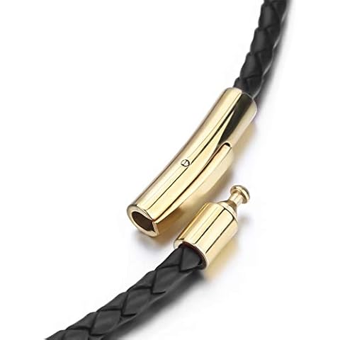 ELFASIO 3mm Mens Womens Black Braided Leather Cord Gold Stainless Steel Secure Clasp Necklace Chain 18 inch Cover