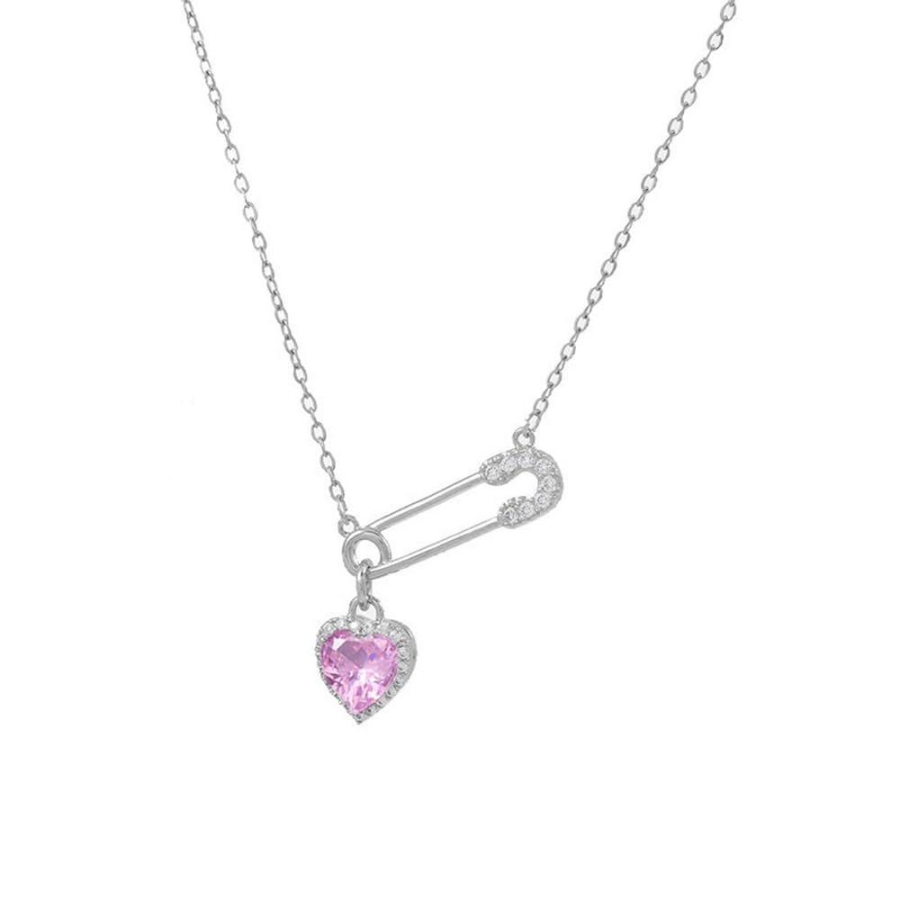 Dainty Safety Pin With Colorful Heart Charm Silver Plated Choker Necklace for Women Cubic Zirconia Love Paper Clip Pendant Necklaces Adjustbale Chain
