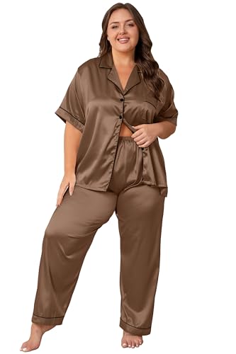 Image of Vozanet Women's Button Down Satin Pajama Sets Silky Short Sleeve Top & Pants Plus Size Loungewear Classic Sleepwear XL to 5XL