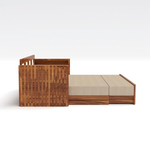 Image of Kunjal Furniture Solid Sheesham Wood Sofa Cum Bed with Storage for Living Room | Natural Finish | 3-Seater Convertible Sofa Bed | Handmade Wooden Furniture (Natural, American)