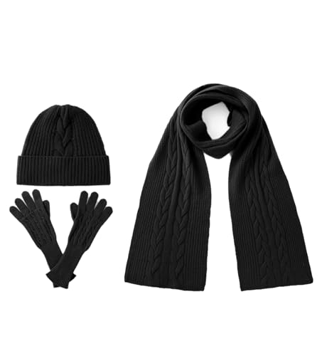Villand Women's 3 Piece 100% Pure Cashmere Scarf Hat & Gloves Set, Cable Knitted Winter Set with Gift Box