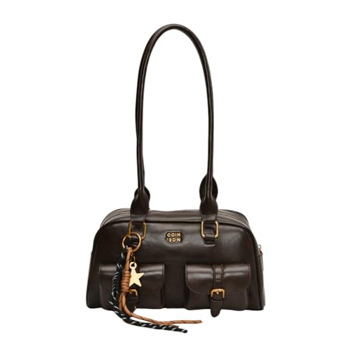 Leather Retro Shoulder Bag for Women with Pendant Casual Purse Tote Handbag Zipper Closure Shoulder Tote Handbag Trendy Purse