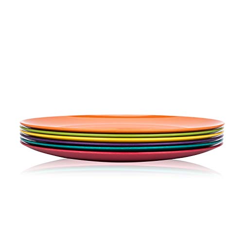 Melamine Plates, 10.5-inch Dinner Plates Dinnerware Dish, set of 6 in 6 Assorted Colors | 100% Melamine, Dishwasher Safe, BPA Free