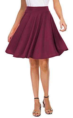 Exchic Women's Casual Stretchy Flared Mini Skater Skirt Basic A-Line Pleated Midi Skirt (S, Wine Red) #TOP26