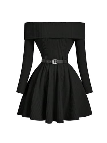 SweatyRocks Damen Strickkleid Elegant Off-Shoulder Minikleid Langarm A-Linie Kleid mit Gürtel Herbst Pulloverkleid Festival Kleid Schwarz S