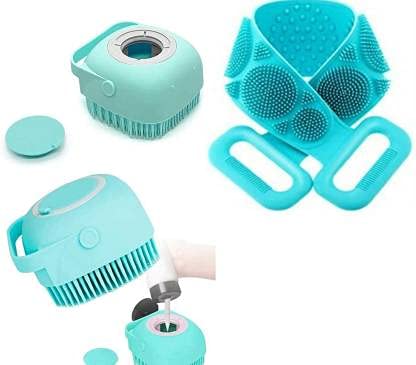 EASYMARTCombo Silicone Soft Cleaning Body | Bath Brush With Shampoo Dispenser Plus Back Scrubber, Bath Brush Washer For Dead Skin Removal Gentle Massage Exfoliation For Kids Men And Women