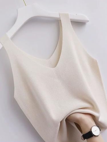 JampoL Camiseta sin mangas con cuello en V de seda de hielo for mujer, chaleco fino sin mangas con tirantes rosa, ropa de moda (Color : APRICOT, Size : 2XL)