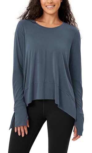 ODODOS Women's Modal Soft Long Sleeve Tee with Thumb Hole Athletic Gym Workout Tops Yoga Shirts, Dark Blue, Small