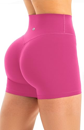 Sogetdo High Waisted Biker Shorts for Women Hidden Scrunch Butt No Front Seam 4.5 Inches Workout Gym Athletic Yoga Shorts S735-Hot Pink-S