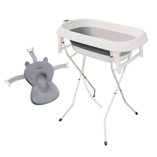 Faltbare Babybadewanne mit Ständer aus Stahl, integriertes Thermometer, ergonomisches Kissen und Ablaufschlauch – Baby Delfin – kompakt und tragbar, 0 – 3 Jahre, Grau