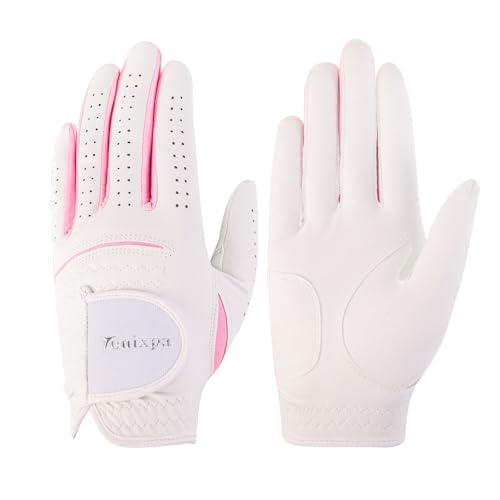 Tenixpa Women’s Ladies Golf Gloves Left and Right Hand Fabric Sport Gloves 2-Pack,Fit Woman Girl,Small Medium Large XL Comfortable Breathable Fitting A Pair (White and Pink, Medium(Size#20 a Pair))
