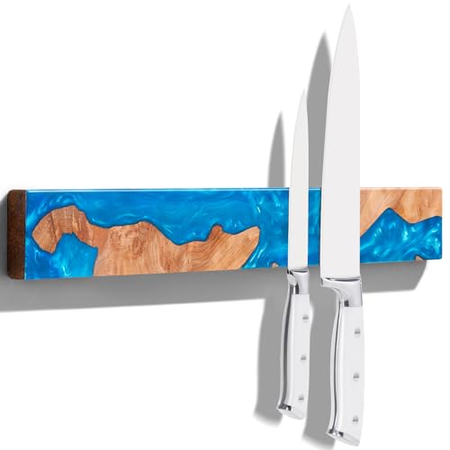 ENOKING Magnetic Knife Holder for Wall 40cm, Acacia Burl Wood & Blue Resin Magnetic Knife Strip Bar, Powerful Magnet Kitchen Knife Storage Rack, Space-Saving Wall Mounted Organizer