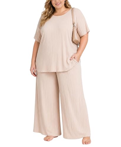 Istylish Plus Size Two Piece Summer Lounge Sets For Women Ribbed Matching Pajama Short Sleeve Tops Wide Leg Pants Outfits(Oatmeal 3XL)