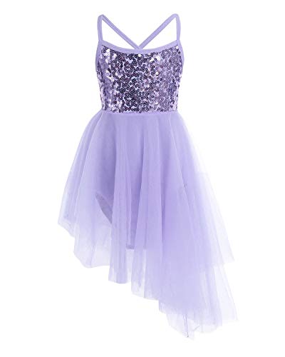 FEESHOW Girls Sequined Camisole Ballet Dress Leotard Chiffon Skirt Sparkly Fairy Dance wear Costumes Hi-lo Purple 7-8