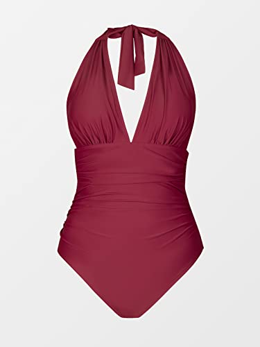 Image of CUPSHE Women Deep V Neck One Piece Halter Swimsuit | Backless,Ruched,Tummy Control,Soft Removable Cups,Flattering Bathing Suit For Vacation And Beach