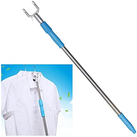 Retractable Clothesline Pole, 55 " Closet Hook Pole Adjustable Closet Pole Hook, Steel Telescopic Handle Clothing Hook Pole Suitable for Wardrobe, Clothesline, Hanger, Hanger Rod (Blue) Cover