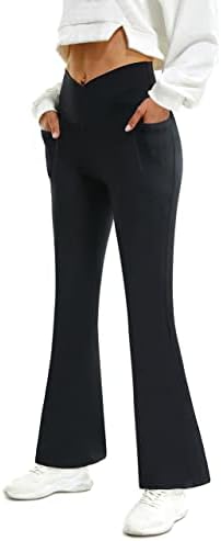 FireSwan Womens Crossover Flare Leggings with Pockets Bootcut High Waisted Yoga Pants Tummy Control Gym Workout Work Dress Pants (Black)