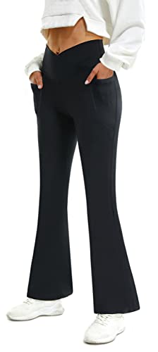 Fireswan Womens Crossover Flare Leggings With Pockets Bootcut High Waisted Yoga Pants Tummy Control Gym Workout Work Dress Pants (Black) #TOP2