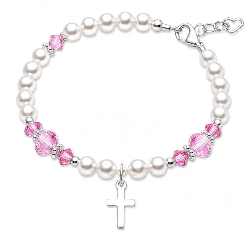 Image of Baby White Pearl Bracelet, Sterling Silver Cross Charm Baptism Gifts for Girl