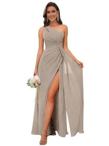 Image of OFEECHUN Women's Chiffon One Shoulder Bridesmaid Dresses Long Pleated Formal Evening Gowns with Slit