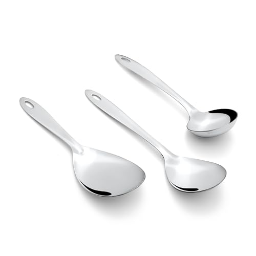 Image of Montavo by FnS 3 Pieces Stainless Steel Serving Tools Set | 1 Rice Spoon, 1 Soup Ladle (Karchi) & 1 Veg Serving Spoon | Premium Serving Utensils for Home, Kitchen, Dining, Restaurant & Hotel