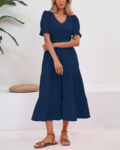 Image of YEXPINE Women's Cotton Tiered Midi Dress Short Sleeve V Neck Elastic Waist Casual Long Flowy Summer Dress