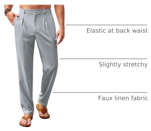 Image of Runcati Mens Casual Pants Elastic Waist Lightweight Loose Pleated Slacks | Summer Beach, Yoga Trousers, Button Closure, Straight Leg, With Pockets, Solid Color
