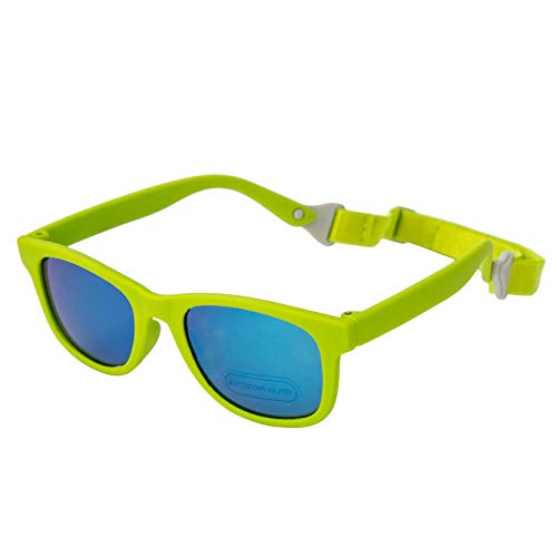 Baby Solo Babyfarer Baby Sunglasses Safe, Soft, Adjustable and Adorable 0-24 Months (0-24 months, Matte Lime Green w/Bright Blue Mirror Lens)