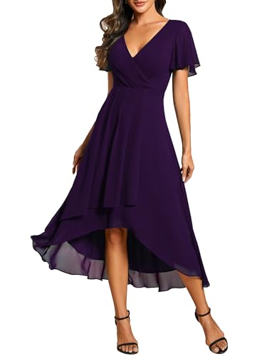 Ever-Pretty Robe D'Invité Jupe Trapèze Col en V Manches Volantées Robe Femme Chic Et Elegant Belle Robe Soirée Orchidée 36 Voilet Foncé 38