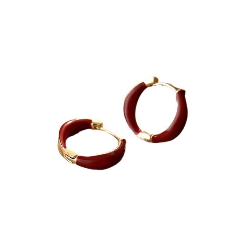 Vintage Burgundy Red Enamel Gold Accent Hoop Earrings - Classic Round Earrings for Women