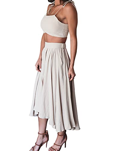 Lyaner Women's Two Pieces Croped Cami Top And Elastic Waist Midi Skirt Sets Beige# Small #TOP1