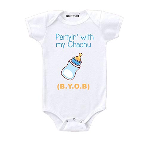 KNITROOT Chachu Family Special Onesies, Unisex Baby Kids Cotton Lycra Envelope Neck Half Sleeve White Romper, Bodysuit, Sleepsuit, Partyin With My Chachu, Infant Cloths for Boys & Girls