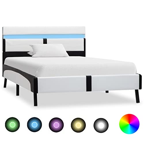 Gecheer Cama Elegante de tapizada en Piel sintética - con Sistema de iluminación LED Estructura Cama Marco de la Cama Somier LED - 90x200cm (Blanco y Negro) - Diseño Moderno