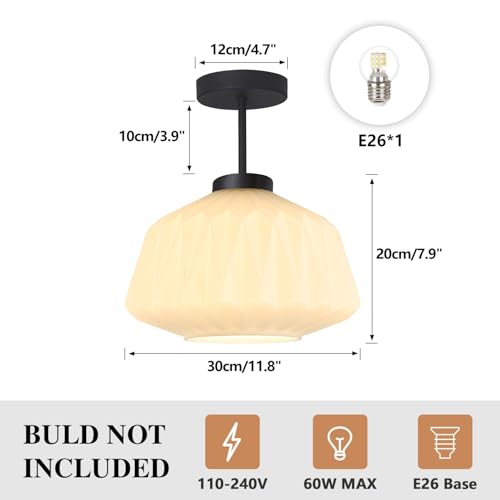 Image of Modern Black Ceiling Light Semi Flush Mount Ceiling Lights Fixture with White Striation Glass Shade for Entryway Bedroom Kitchen Foyer