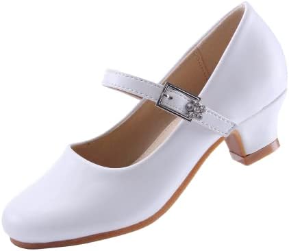EIGHT KM Girls High Heel Dress Shoes Mary Jane Wedding Party Pumps Princess Shoes EKM7015 Athena Microfiber White Leather Size 2 US Little Kid