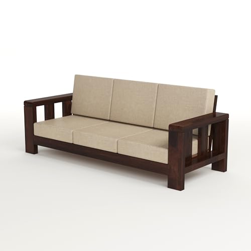 Image of Solid Sheesham Wooden 5 Seater Sofa Set for Living Room with Comfortable Cushion - Wooden Sofa Set 5 Seater for Home & Office Furniture (Walnut, Haney 5 Seater 3+1+1)
