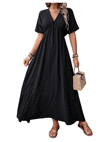Image of SweatyRocks Women's Batwing Short Sleeve V-Neck Dress Casual High Waist A-Line Flowy Maxi Dress Black Small