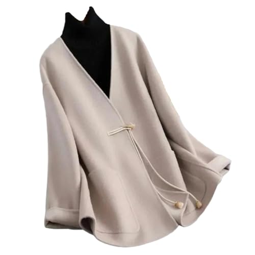Abrigo de lana de invierno para mujer, a la moda, holgado, cuello en V, delgado, con un solo botón, casual, longitud media, abrigo de lana, blanco crema, XL