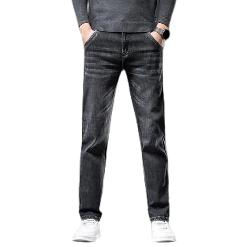 Men's Autumn Winter Thick Washed Straight Jeans Stretch Business Casual Denim Trousers with Elastic Waist