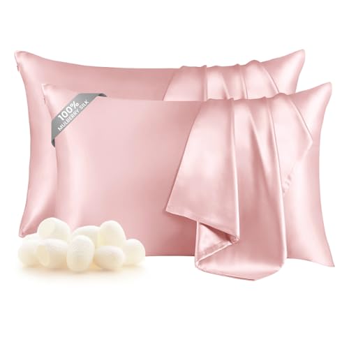 THXSILK Set of 2 Mulberry Silk Pillowcase for Hair and Skin, Both Sides Real Mulberry Silk Pillow Cases with Hidden Zipper, Organic Silk Pillowcase Standard Size 20×26 inches, Light Pink