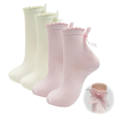 2PCS Women Ruffle Socks Knit Soft Frilly Crew Socks with Bow Anklet Socks Cute Casual Breathable Socks