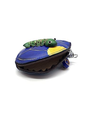 Genuine Leather Homemade Caterpillar on leaf Coin Pouch Removable Wrist Strap (Blue)3