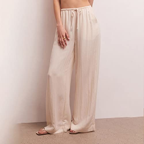 Women Cotton Linen Pants Wide Leg High Waist Flowy Summer Beach Drawstring Pants Thin and Cool Breathable (Beige, L)2