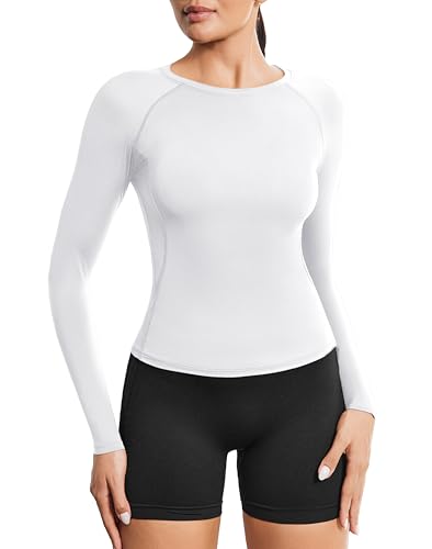 PINSPARK Sportshirt Damen Langarm Sport T-Shirt Leichtes Funktionsshirt Slim Fit Laufshirt Fitness Langarmshirt Rundhals Workout Yoga Tops Kurz Gym Oberteile Weiß S